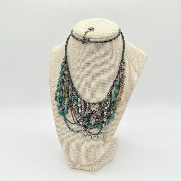 Talbots Multi-Strand Statement Necklace Gunmetal Chain Teal Amber Crystal Beads - Picture 5 of 6